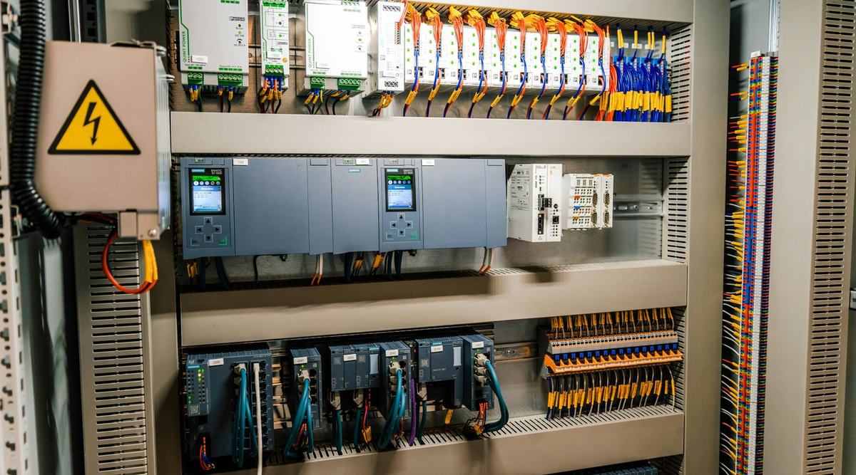 Painel de automação aberto com CLP, módulos de entrada e saída e bornes