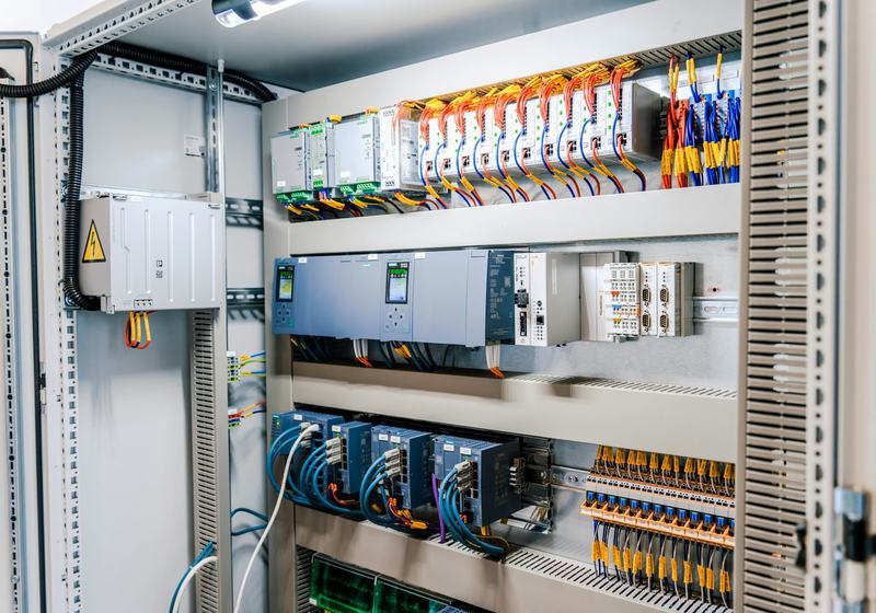 Interior de painel elétrico com disjuntores, fontes e bornes identificados